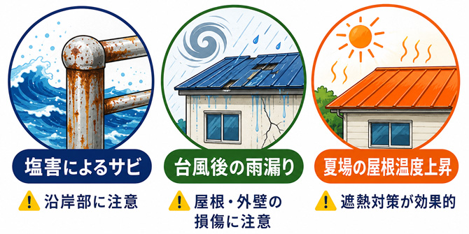 塩害によるサビ、台風後の雨漏り、夏場の屋根温度上昇に注意が必要